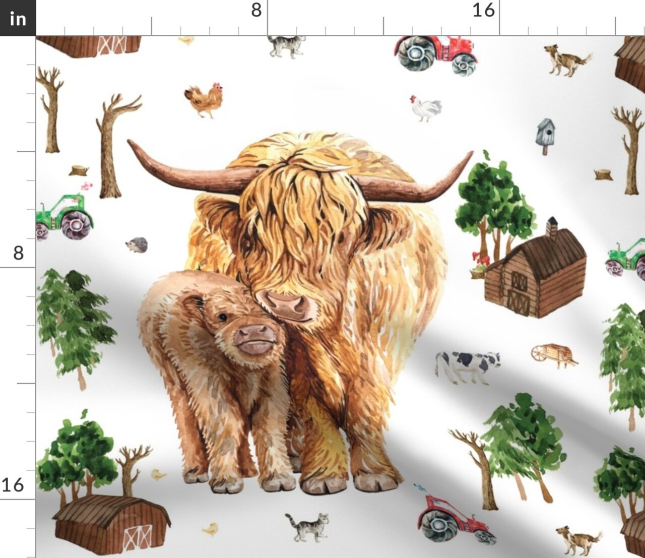 Highland Cow Farm 18X18 Calf Floral Scottish Custom Printed Fabric by Spoonflower Various Fabrics by the Yard or Fat Quarter